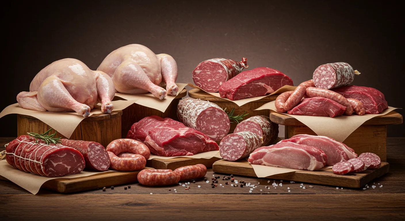 img seccion 1 "Mostrador de carnicería de madera con una variedad de carnes frescas como pollo, cerdo, res y cordero, además de embutidos artesanales, presentado de manera apetecible en un ambiente rústico."